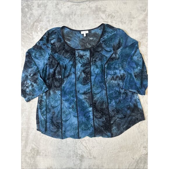 Y2K Fashion Bug 3X Blue Black Floral Paisley Burnout Sheer Blouse Women’s - Picture 1 of 8